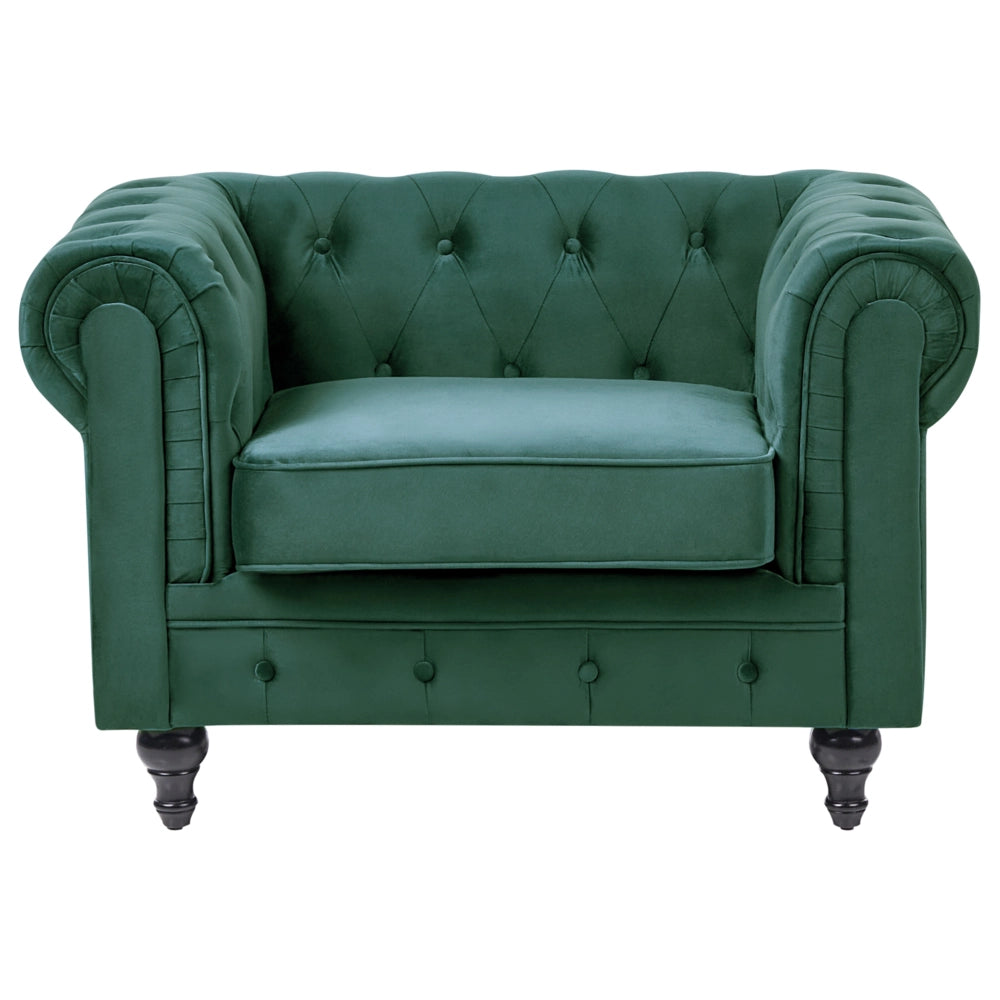 Poltrona Chesterfield Tessuto Velluto Verde Rivestimento Gambe Legno Scuro Contemporaneo