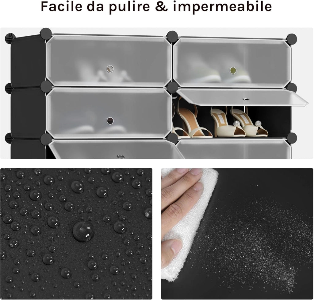 Scarpiera, 2x8 Livelli per 32 Paia di Scarpe, Armadietto ad Incastro con Ante, Scaffale Portascarpe per Giochi, Pannelli in PP, con Mazzetta in Plastica, Nero+Bianco