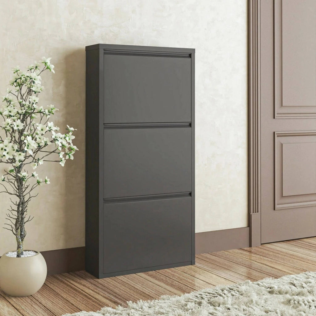 Scarpiera Alexa, Mobile portascarpe in metallo, Armadio da ingresso multiuso, Mobiletto per calzature, 50x15h104 cm, Nero