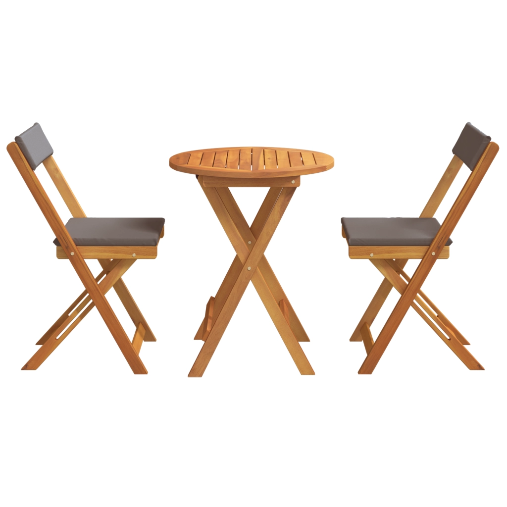 Set Bistro Pieghevole da 3 Pezzi con Cuscini in Legno Massello Acacia
