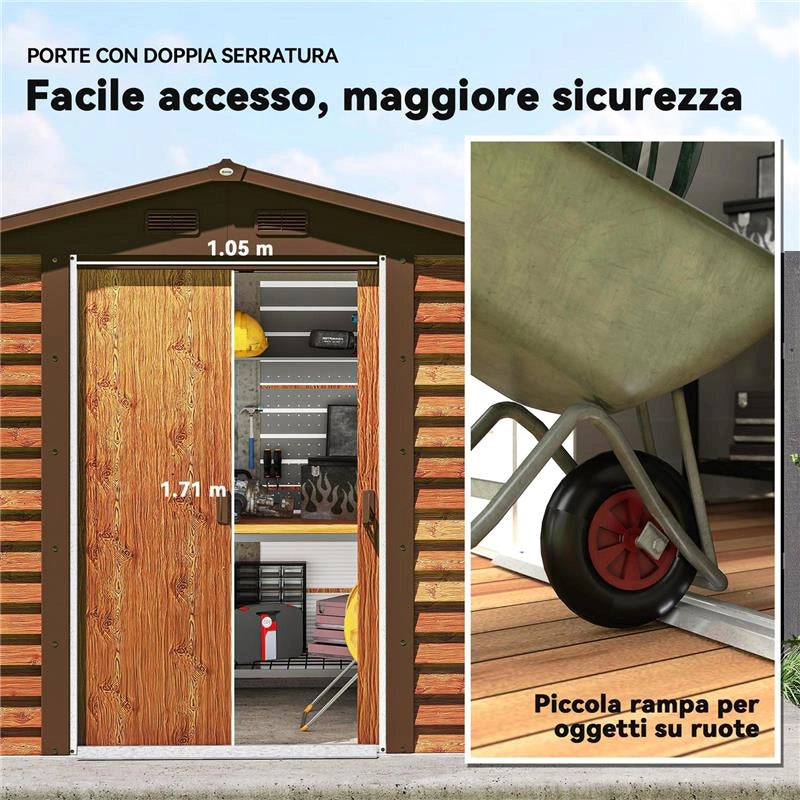 CASETTA DA GIARDINO PORTA ATTREZZI CON PORTE SCORREVOLI E PARETI EFFETTO LEGNO, 2.3X1.5X2 M, MARRONE