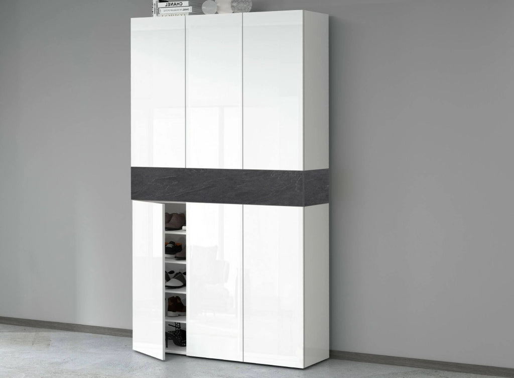 Scarpiera Charoite, Porta scarpe salvaspazio a 7 ante, Armadio multifunzione da ingresso, 114x38h200 cm, Bianco e Ardesia
