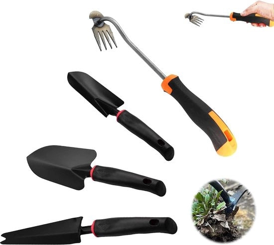 Set di attrezzi per giardinaggio 4 pezzi, cesoie per erbacce, forcone, vanga per giardinieri, apparecchio per rimozione erbacce per giardinaggio, piantumazione, rimozione radici.