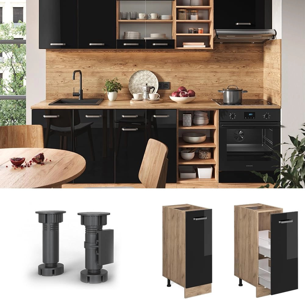 Armadio cucina dispensa alto R-Line, Nero lucido, 30 cm senza piano di lavoro, per la libera combinazione all'interno di sistemi cucina modulari