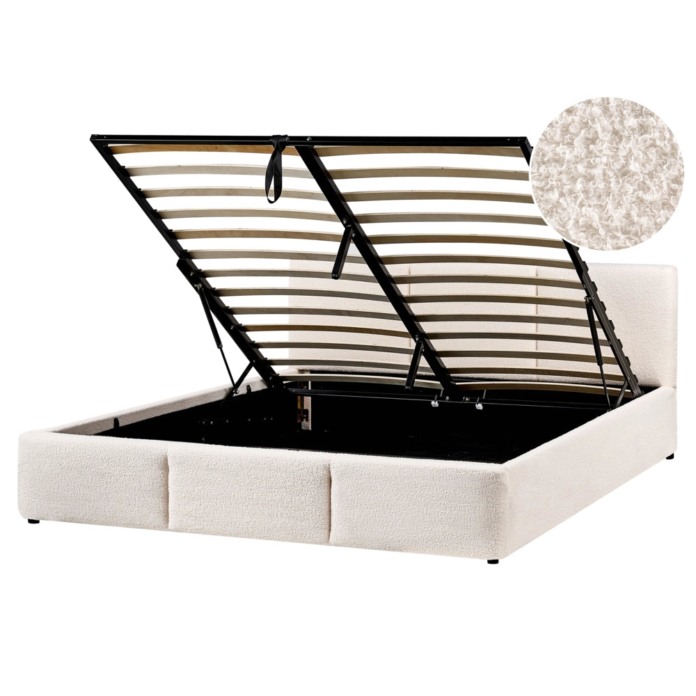 Letto matrimoniale in tessuto bouclè bianco sporco con contenitore 160 x 200 cm Testiera Rivestita Funzione Contenitore