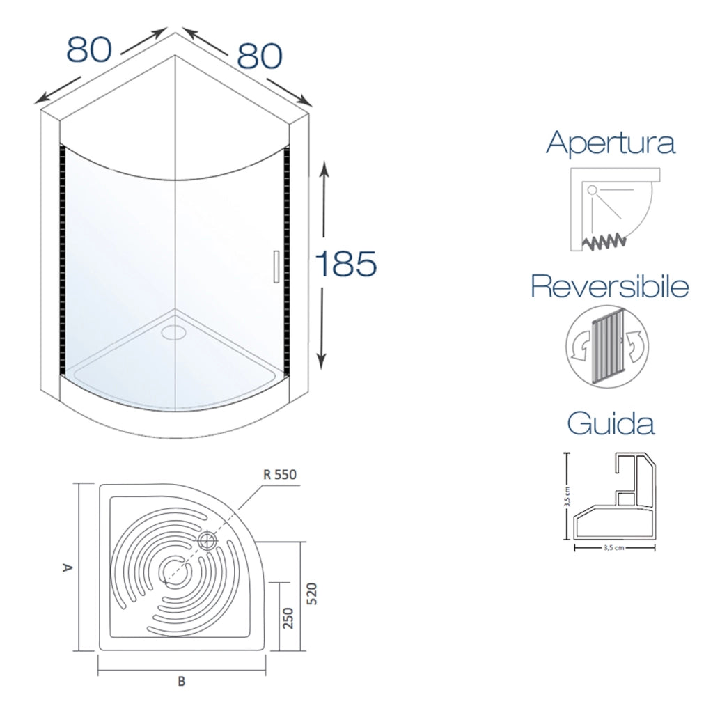 Box doccia Giove 80x80cm in pvc apertura semicircolare laterale