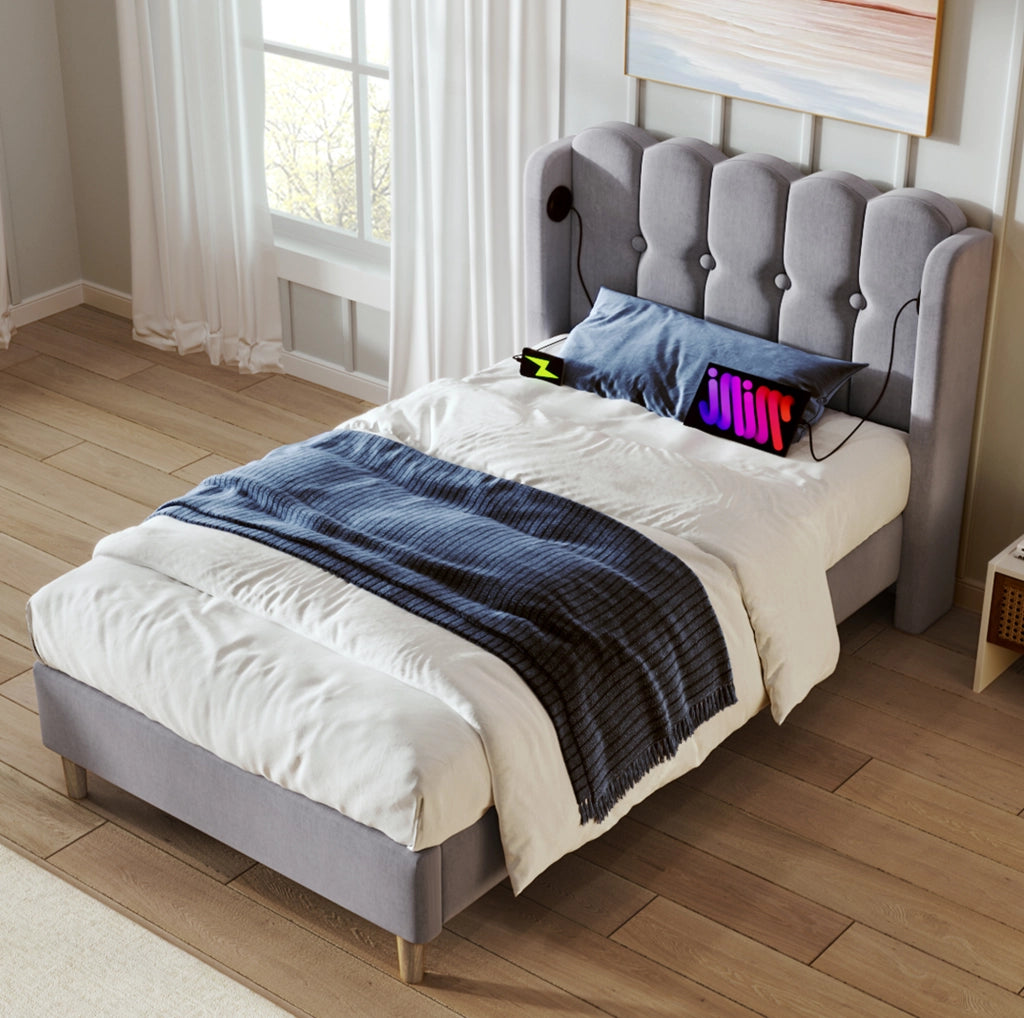Letto imbottito 90x200 cm con USB e Type-C; struttura in lino grigio