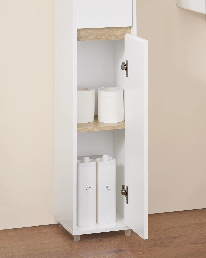 Armadio Colonna bagno, Mobile bagno alto con 2 Ante e 1 cassetto altezza: 180 cm Bianco-Naturale BZR34-WN