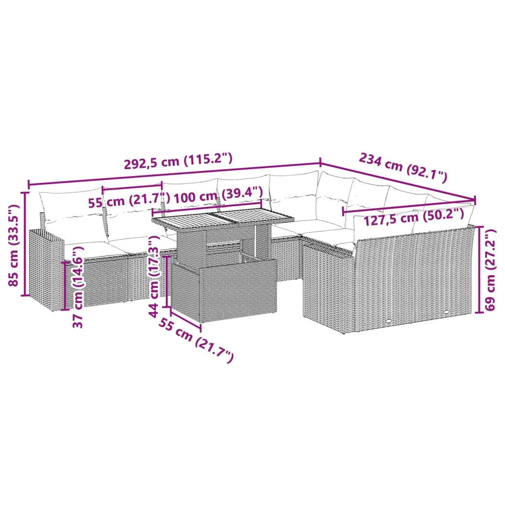 Set Divani da Giardino 10pz con Cuscini in Polyrattan Nero 3271469