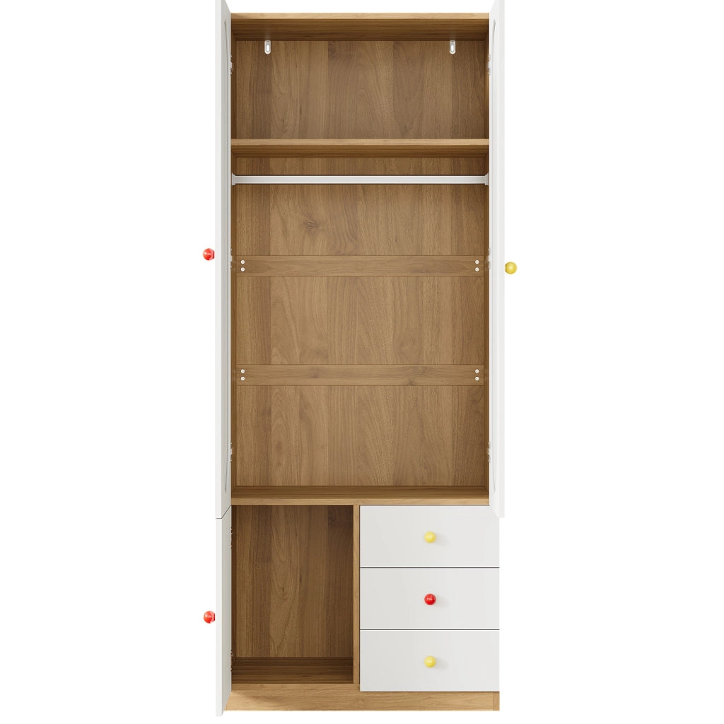 Armadio per bambini, 3 cassetti, maniglie in ceramica colorata, finitura effetto legno, bianco