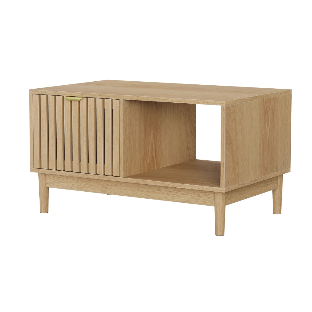 Tavolino da salotto con 1 cassetto; vani a giorno e struttura a doghe; gambe in legno massello; rovere; 80 × 50 × 45 cm