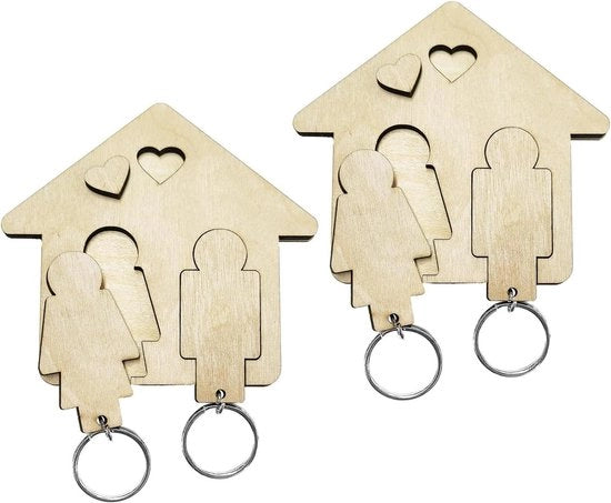 Sistema di appesi chiavi in legno per coppia - regalo per nuove abitazioni e famiglie con 4 anelli di chiusura. Adatto per uomini e donne. Design a tema legno.