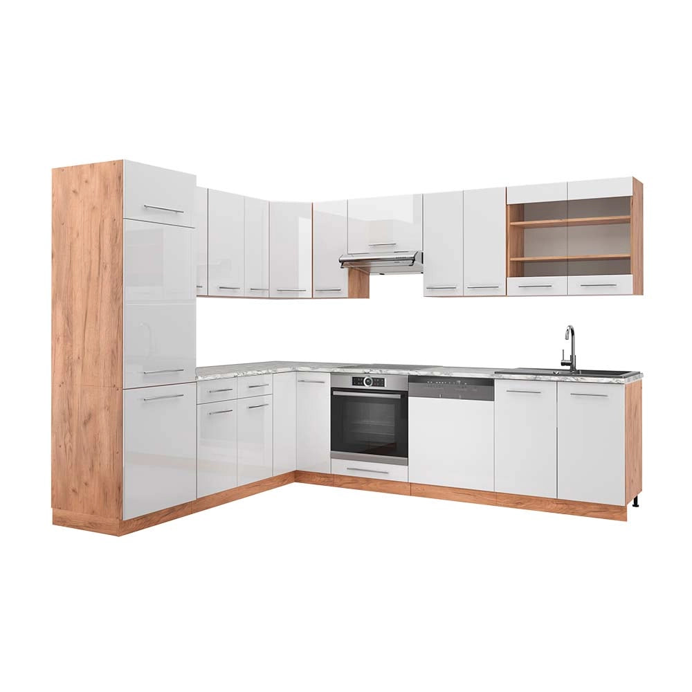 Cucina angolare completa Fame-Line Bianco lucido/Rovere dorato 227 x 60 cm, PL Marmo Vicco