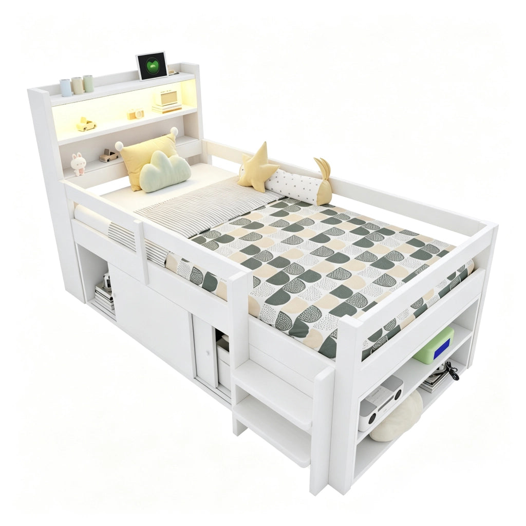 Letto a soppalco per bambini 90×200 cm con ripiani; vani contenitore; LED; USB; senza materasso