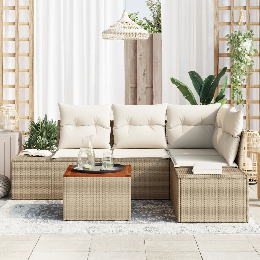 Set Divano da Giardino a 5 Pezzi con Cuscini Beige in Polyrattan e Acacia