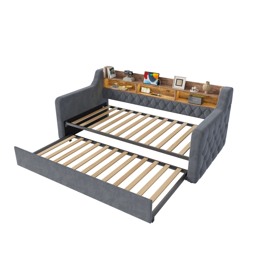 Divano letto 90x190 cm estraibile con testiera portaoggetti; LED e USB in velluto grigio scuro