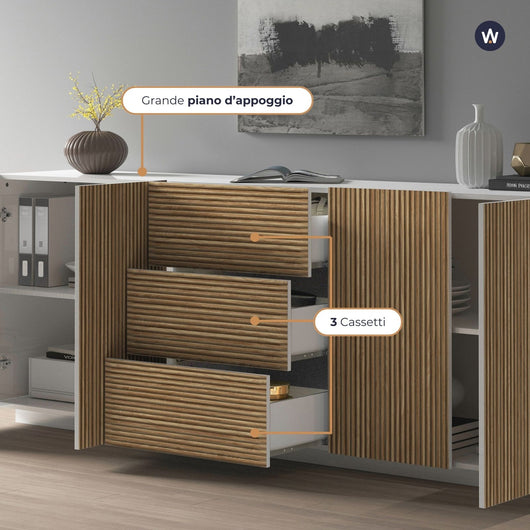 WHOUS Credenza Soggiorno in Stile Canneté, Made in Italy COLORE: Bianco opaco/Legno chiaro, STILE: 4 ante e 3 cassetti