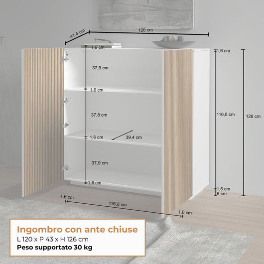 WHOUS Credenza Soggiorno in Stile Canneté, Made in Italy COLORE: Bianco opaco/Legno chiaro, STILE: 2 ante