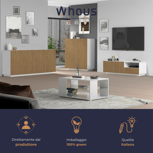 WHOUS Credenza Soggiorno in Stile Canneté, Made in Italy COLORE: Bianco opaco/Legno chiaro, STILE: 2 ante