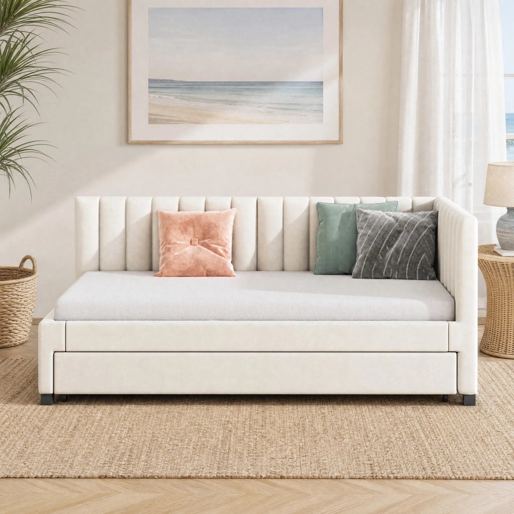 LETTO imbottito estraibile 90x200 cm in velluto beige con rete a doghe
