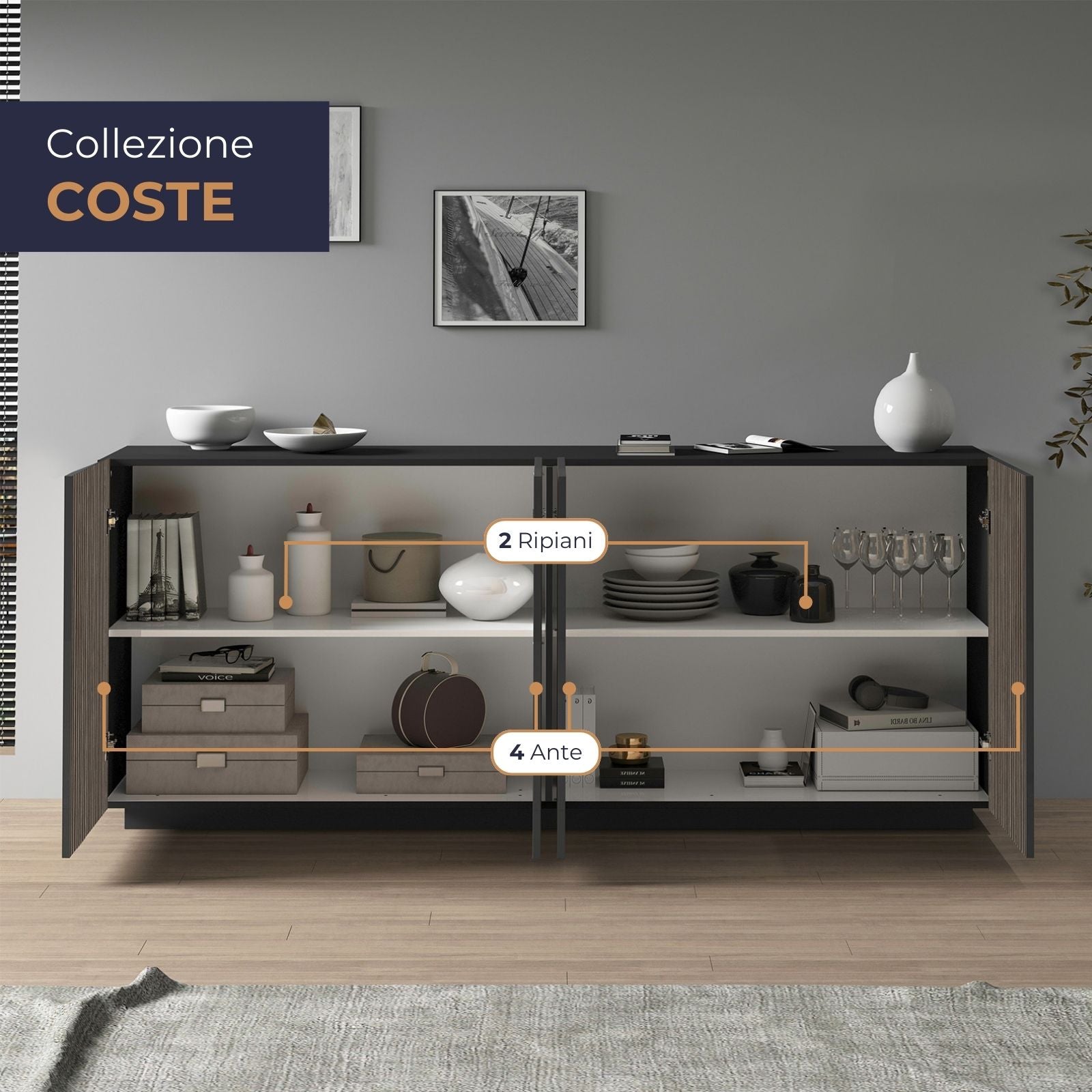 WHOUS Credenza Soggiorno in Stile Canneté, Made in Italy COLORE: Antracite opaco/Legno scuro, STILE: 4 ante