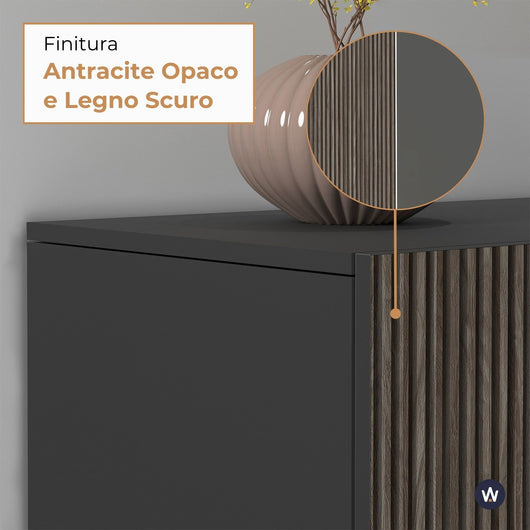 WHOUS Credenza Soggiorno in Stile Canneté, Made in Italy STILE: 4 ante, COLORE: Antracite opaco/Legno scuro
