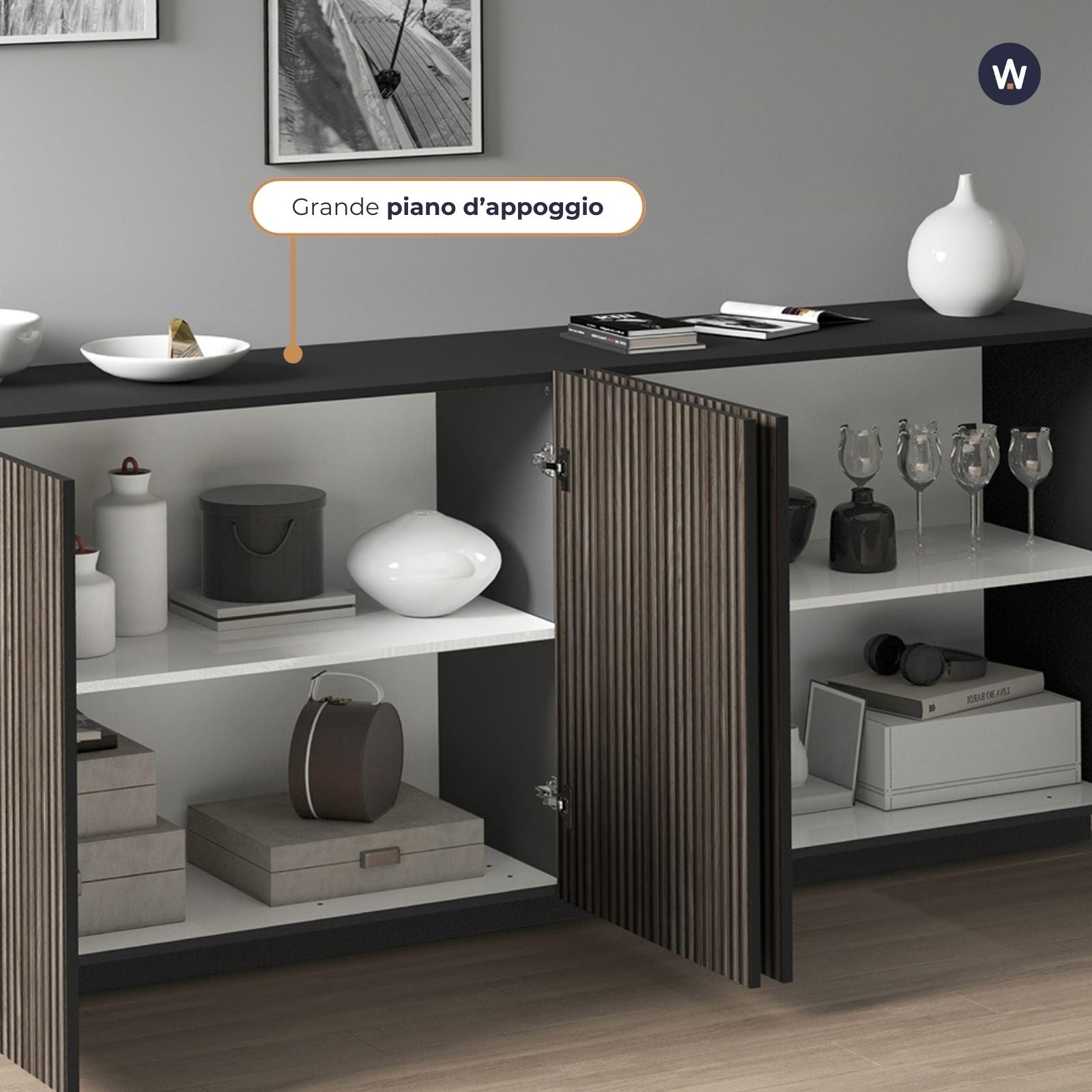 WHOUS Credenza Soggiorno in Stile Canneté, Made in Italy COLORE: Antracite opaco/Legno scuro, STILE: 4 ante