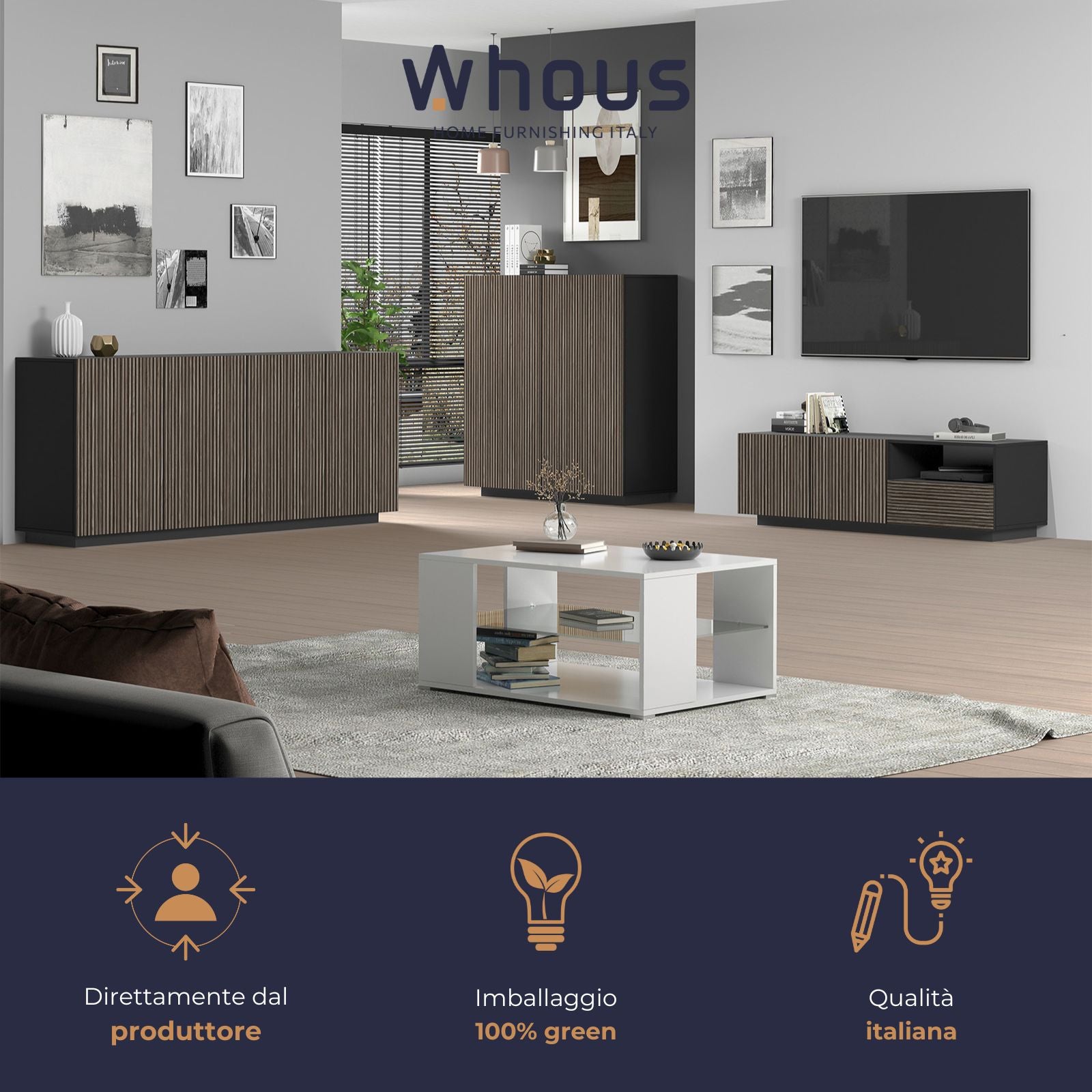 WHOUS Credenza Soggiorno in Stile Canneté, Made in Italy COLORE: Antracite opaco/Legno scuro, STILE: 4 ante