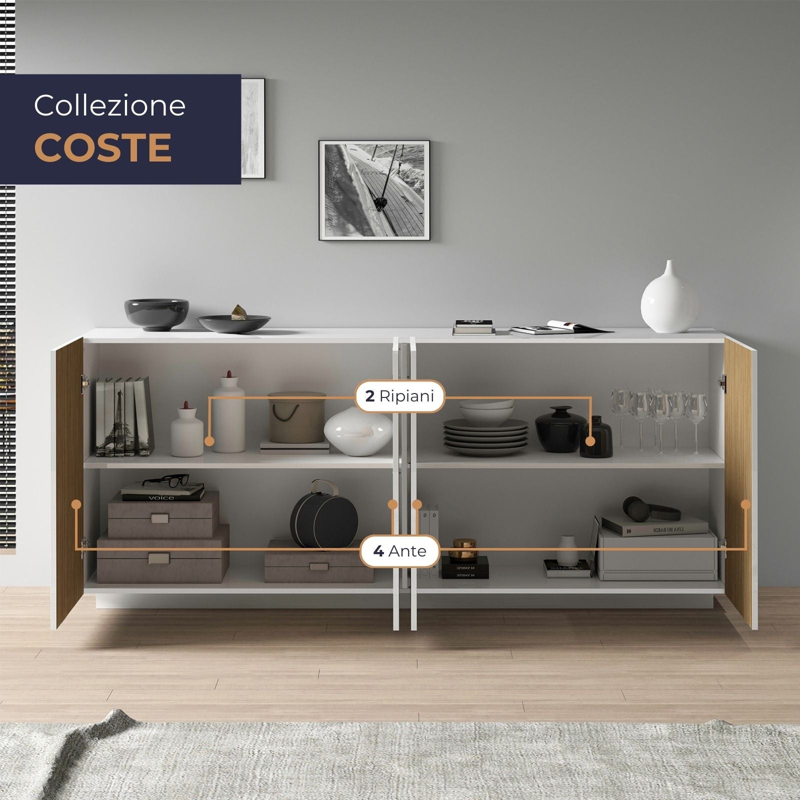 WHOUS Credenza Soggiorno in Stile Canneté, Made in Italy COLORE: Bianco opaco/Legno chiaro, STILE: 4 ante