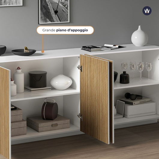 WHOUS Credenza Soggiorno in Stile Canneté, Made in Italy COLORE: Bianco opaco/Legno chiaro, STILE: 4 ante