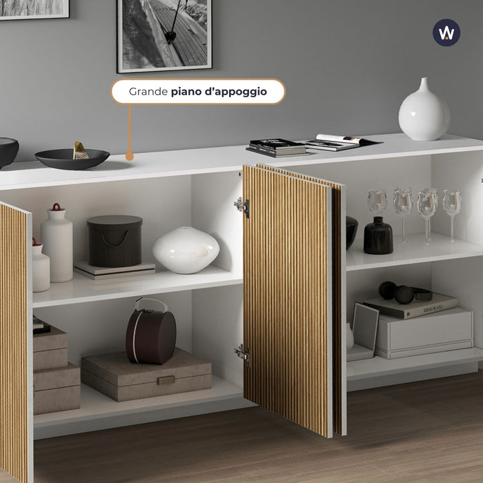 WHOUS Credenza Soggiorno in Stile Canneté, Made in Italy COLORE: Bianco opaco/Legno chiaro, STILE: 4 ante