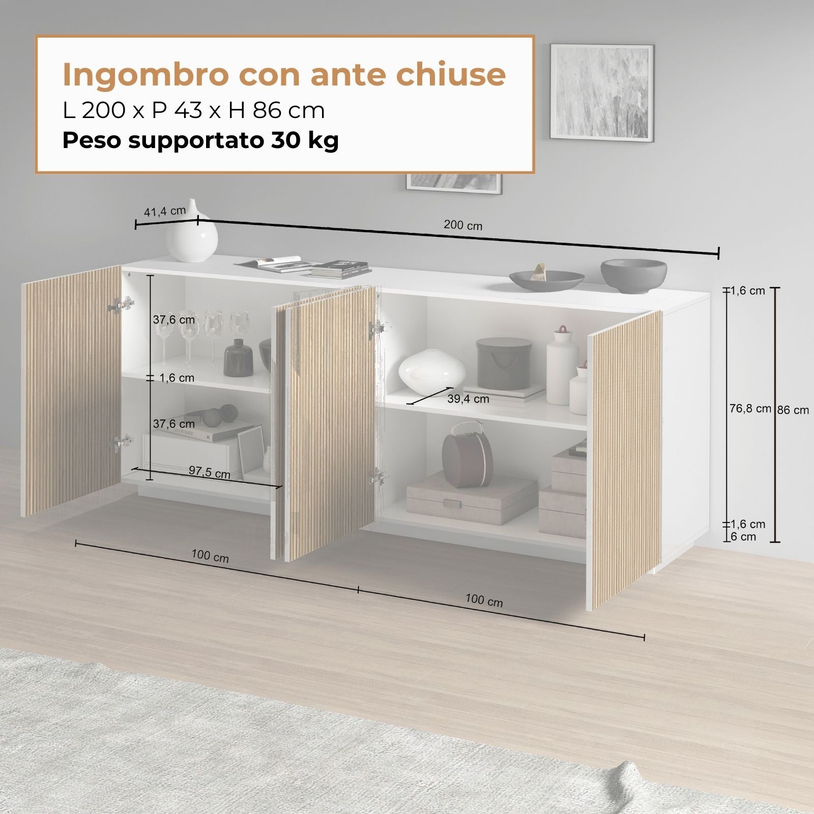 WHOUS Credenza Soggiorno in Stile Canneté, Made in Italy COLORE: Bianco opaco/Legno chiaro, STILE: 4 ante