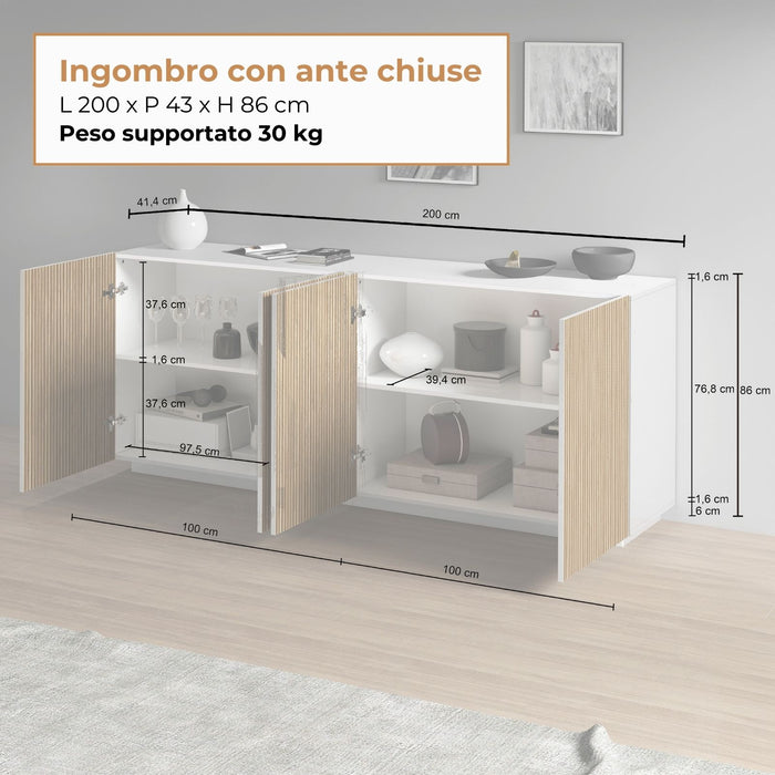 WHOUS Credenza Soggiorno in Stile Canneté, Made in Italy COLORE: Bianco opaco/Legno chiaro, STILE: 4 ante