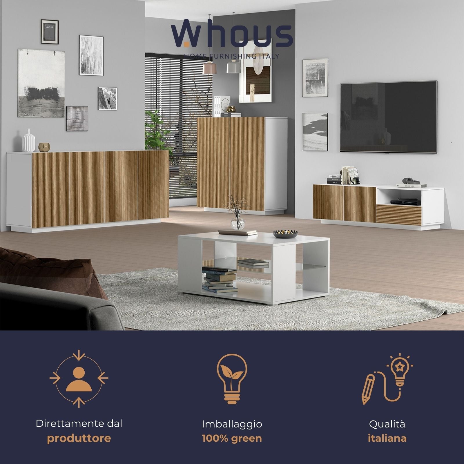 WHOUS Credenza Soggiorno in Stile Canneté, Made in Italy COLORE: Bianco opaco/Legno chiaro, STILE: 4 ante