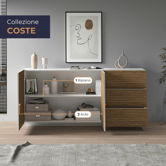 WHOUS Credenza Soggiorno in Stile Canneté, Made in Italy COLORE: Bianco opaco/Legno chiaro, STILE: 2 ante e 3 cassetti
