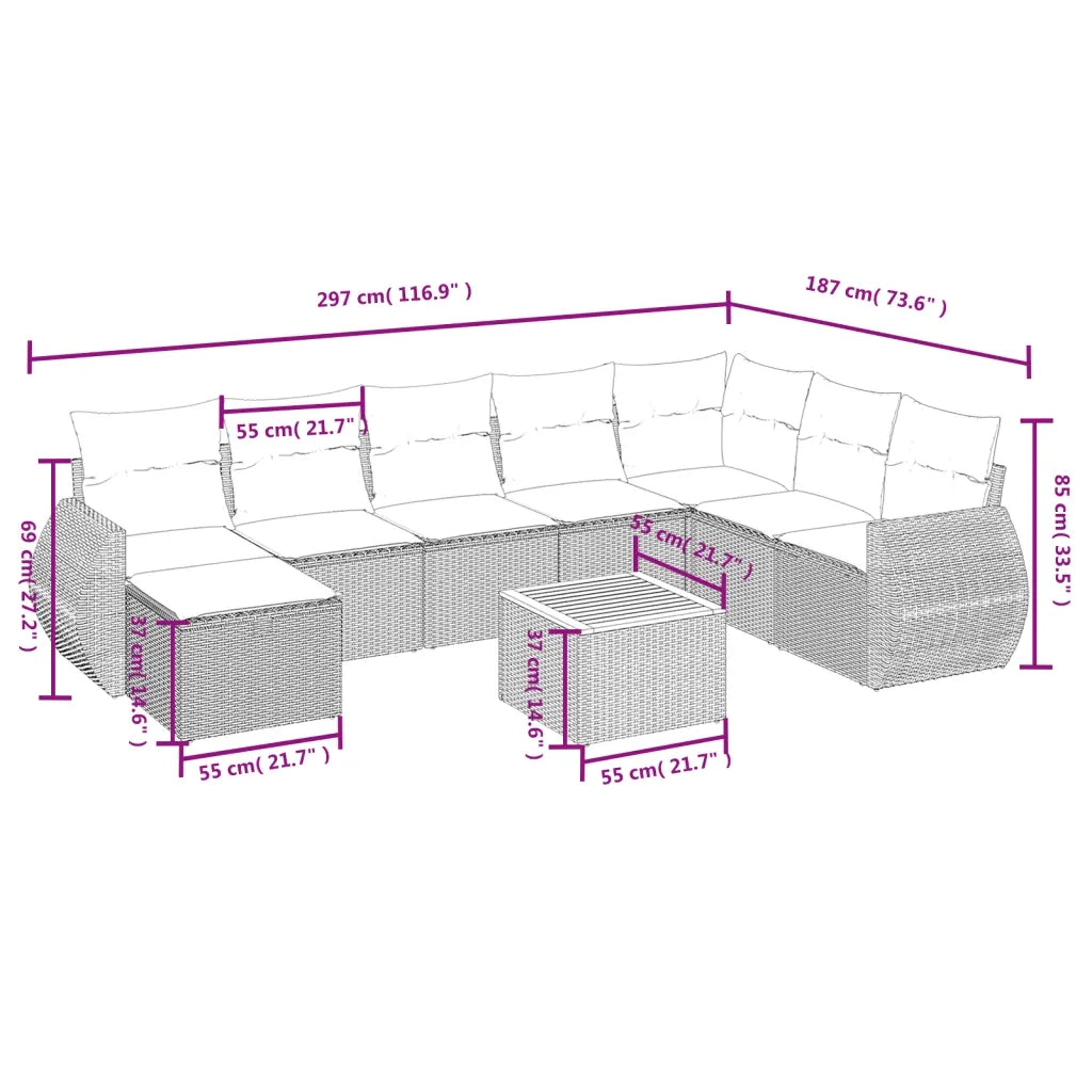 Set Divani da Giardino 9 pz con Cuscini Nero in Polyrattan 3265095