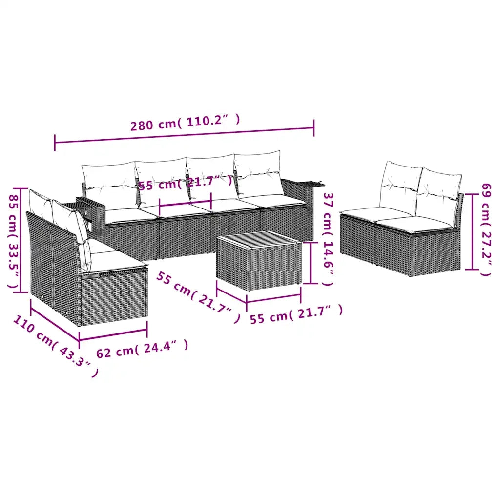 Set Divani da Giardino 9 pz con Cuscini Grigio in Polyrattan 3224528