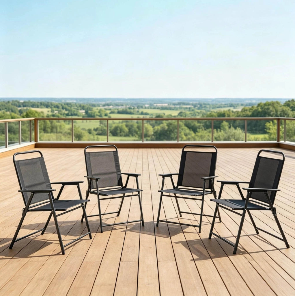 Set 4 sedie da giardino pieghevoli con braccioli; 65 x 60 x 94 cm; nero; in acciaio e Textilene