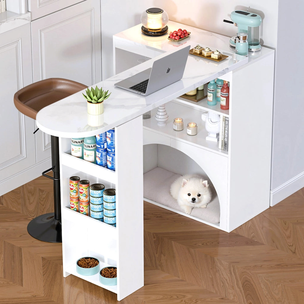 Tavolo allungabile per 2-4 persone con 2 vani aperti e spazio per animali design moderno effetto marmo in MDF bianco