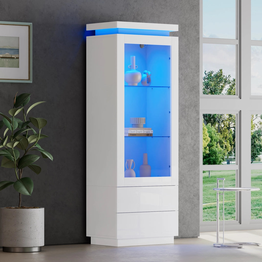 Vetrina alta 60x40x171 cm con 2 cassetti; LED controllato da app; bianco lucido