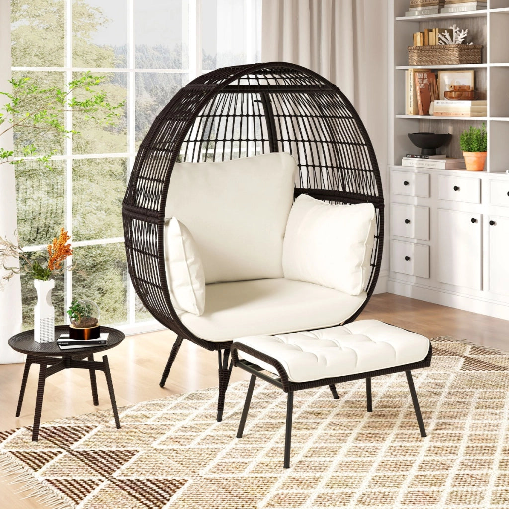 Poltrona uovo in rattan set da 2 pezzi di a cestino in rattan patio con cuscini morbidi, Poltrona a uovo con poggiapiedi  scuro-Poltrone e sdraio
