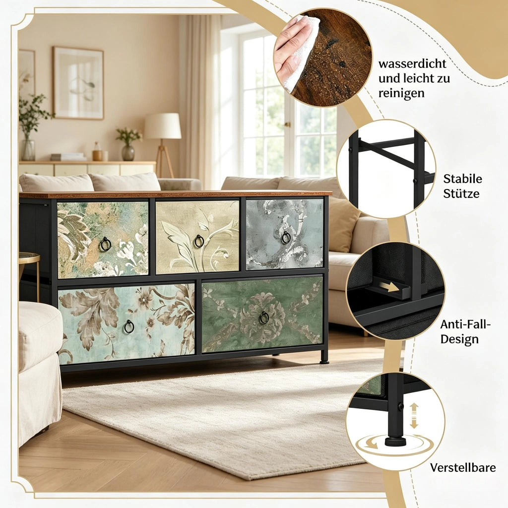 Mobile contenitore con 5 cassetti in tessuto, struttura in MDF e metallo, per camera da letto e ingresso, 100 × 30 × 54 cm