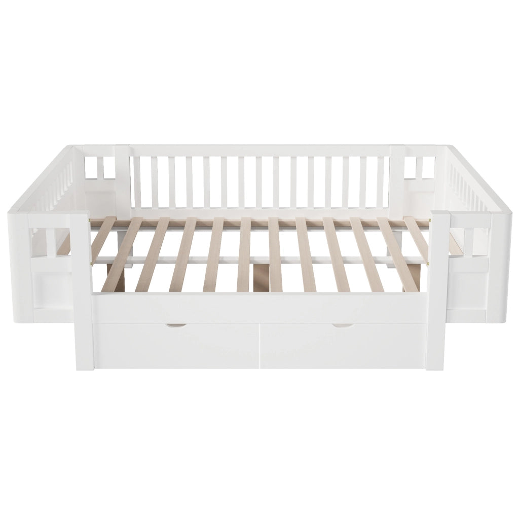 Letto a piattaforma 140x200 cm con protezione alta e due ampi cassetti, bianco