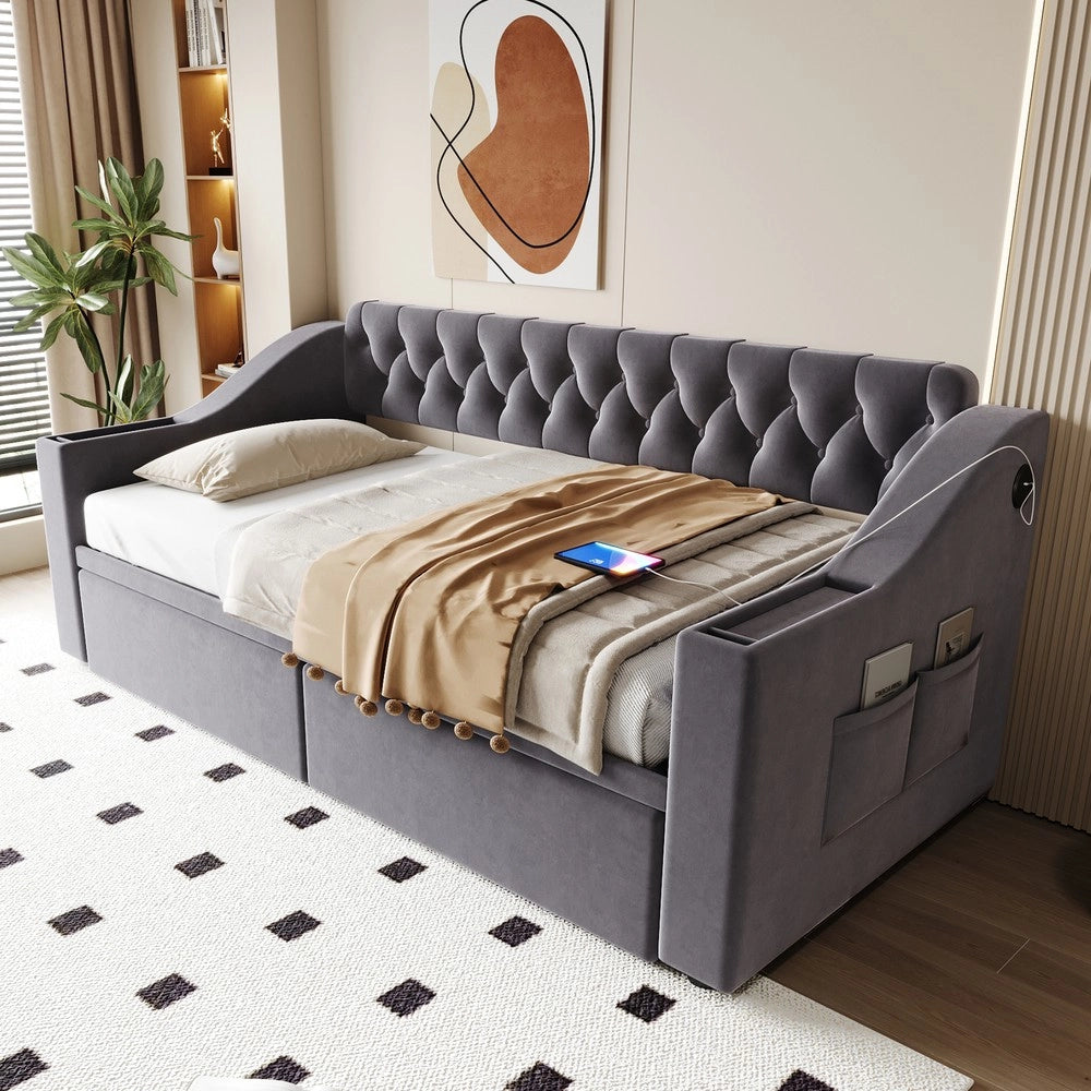 Letto Imbottito con Cassetto e USB ¨C MINIMAL ¨C Velluto Grigio Scuro 90x190
