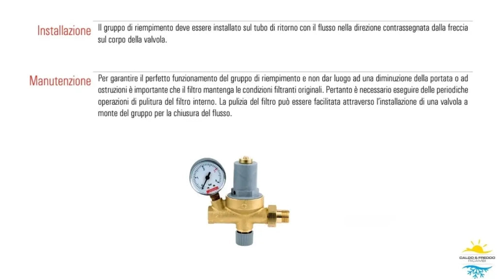 Gruppo di riempimento da 1/2" con portamanometro e funzione di controllo, regolazione e ripristino automatico della pressione negli impianti a circuito chiuso