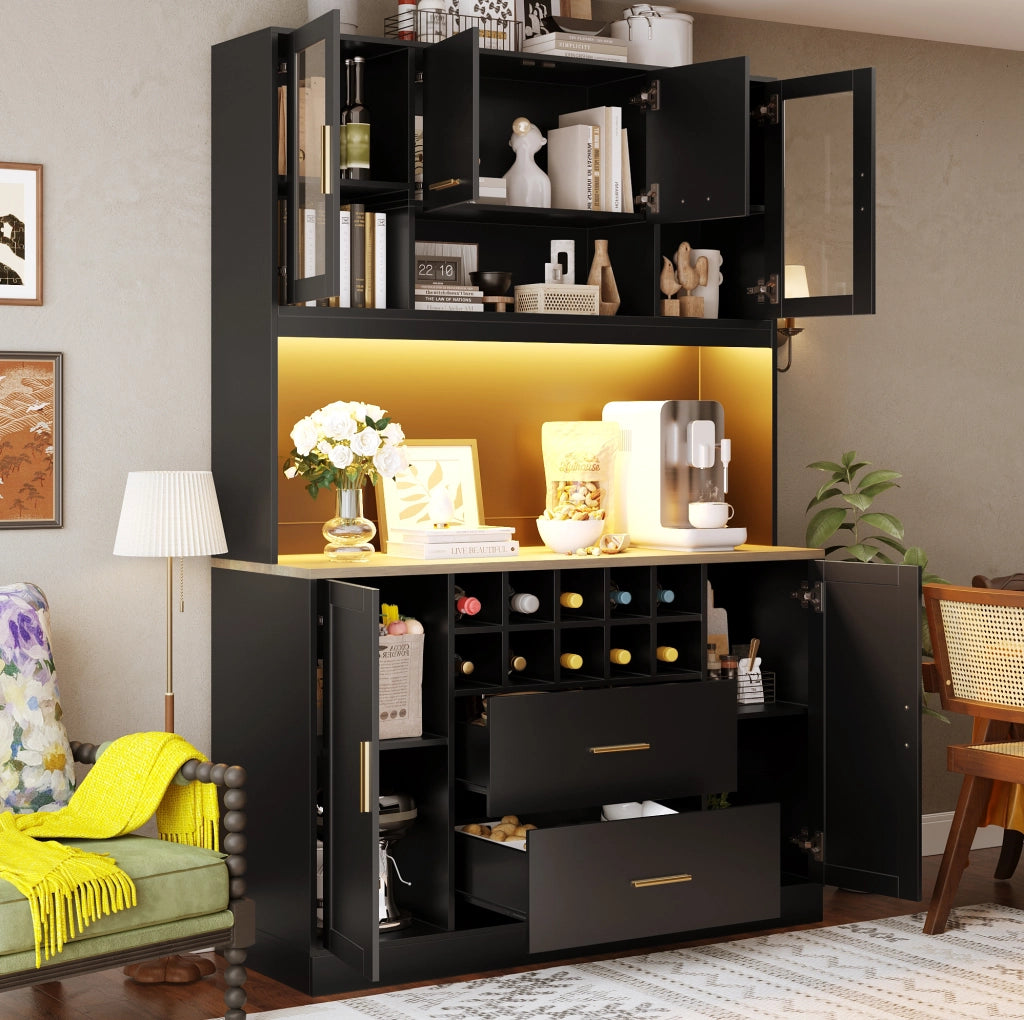 Credenza 120x36,3x180 cm con LED, prese USB e portabottiglie