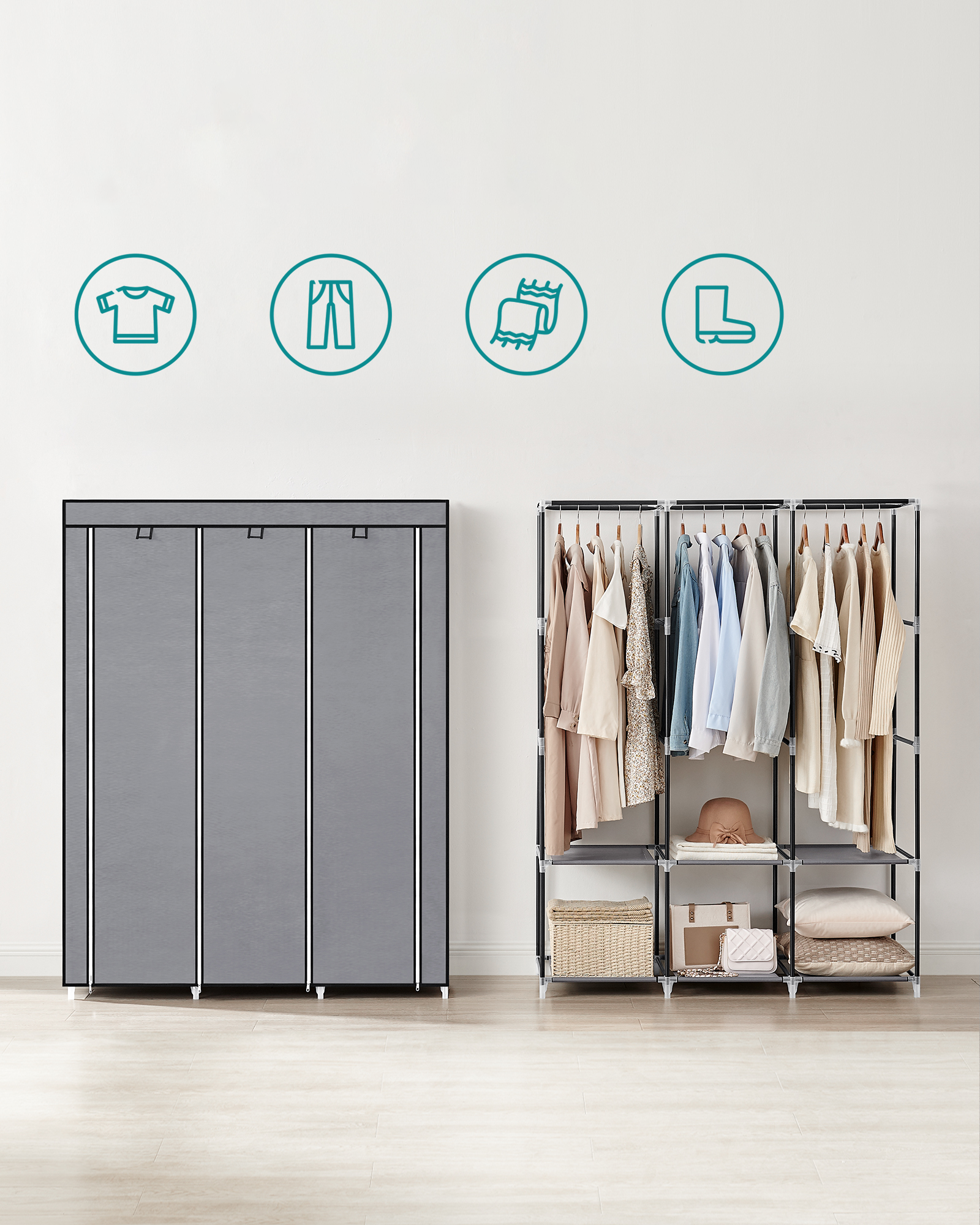 Armadio tessile Valora grigio a 3 ante con ripiani e aste appendiabiti