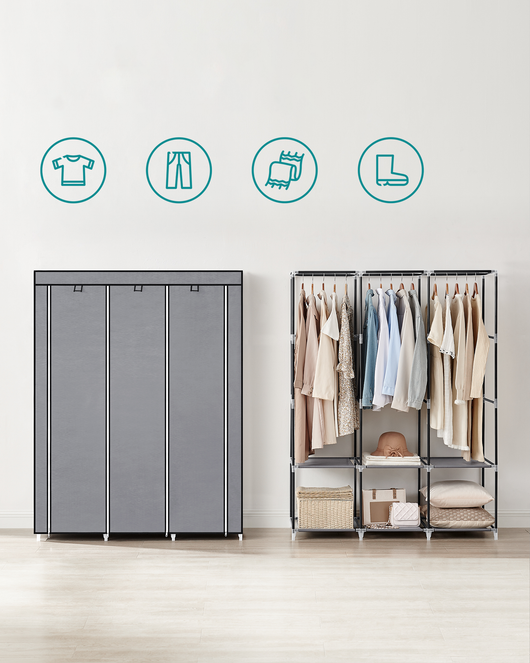 Armadio tessile Valora grigio a 3 ante con ripiani e aste appendiabiti