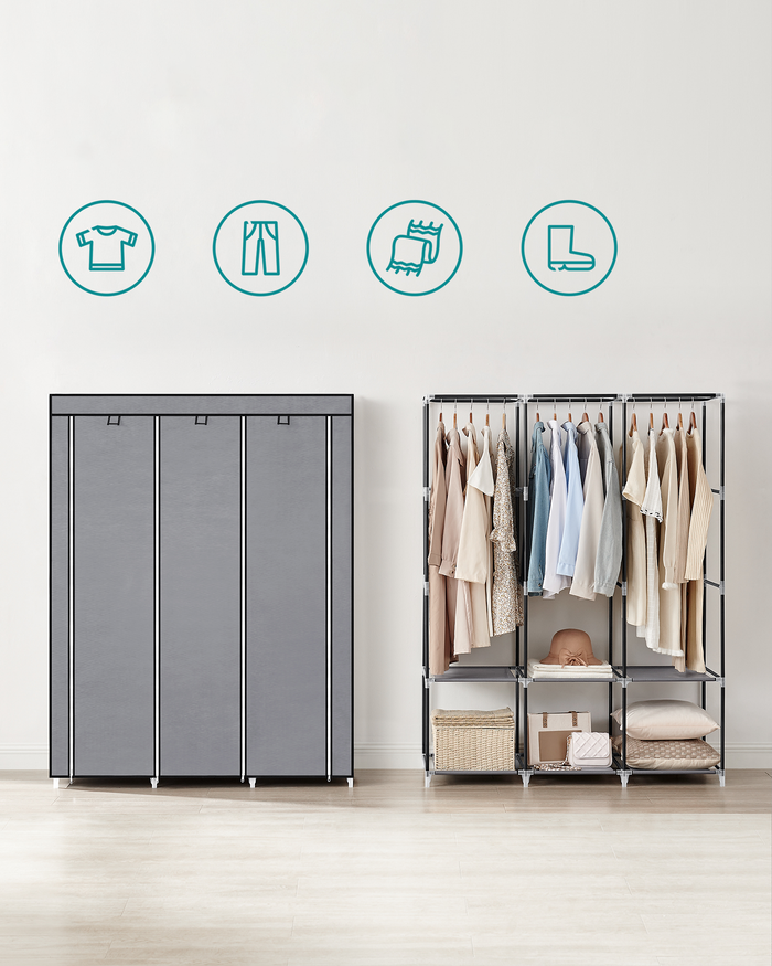 Armadio tessile Valora grigio a 3 ante con ripiani e aste appendiabiti