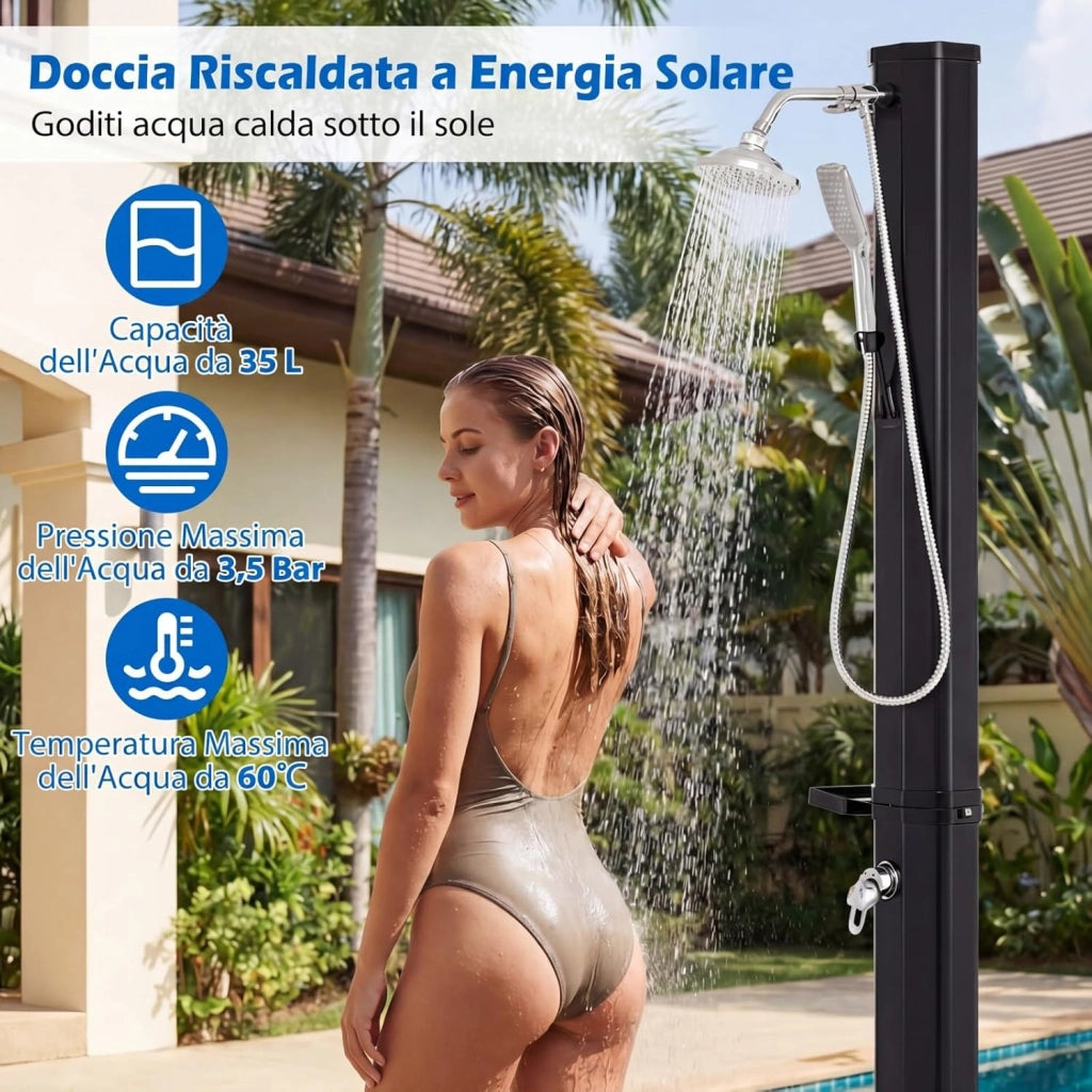 Doccia Solare da Giardino 35L con Soffione Girevole, Doccino e Rubinetto, Doccia da Esterno con Attacco per Tubo, Vassoio Portaoggetti e Copertura Protettiva, Fino a 60°C (Modello 3)